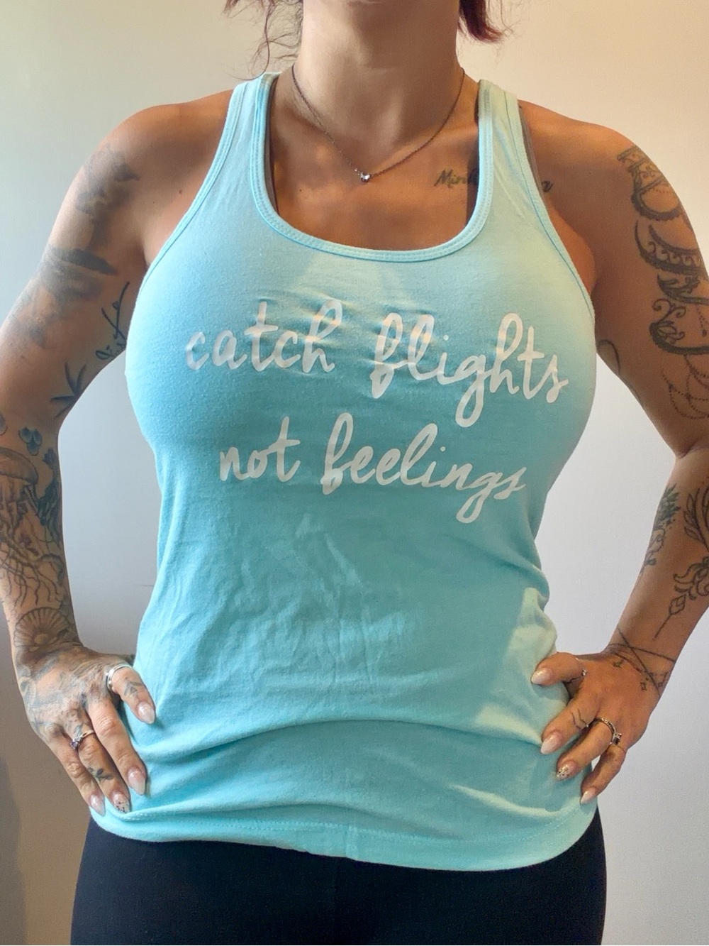 "Catch Flights Not Feelings" Funny Shirt Blue Women’s Small Tank Top Sleeveless‎
